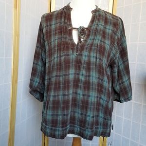 Sundance Plaid Peasant Top w/ Elbow Length Sleeves